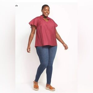 Lane Bryant Plus Women”s Anemone SS Smocked Split- Neck Top Blouse Size 14 / 16